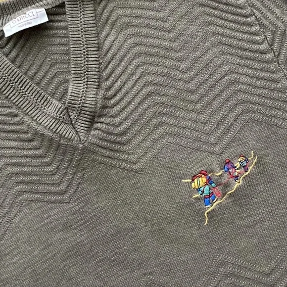 Vintage Gabicci Mens Wool Mix Jumper Taupe M Mountaineering Motif Pullover Retro - Picture 2 of 8